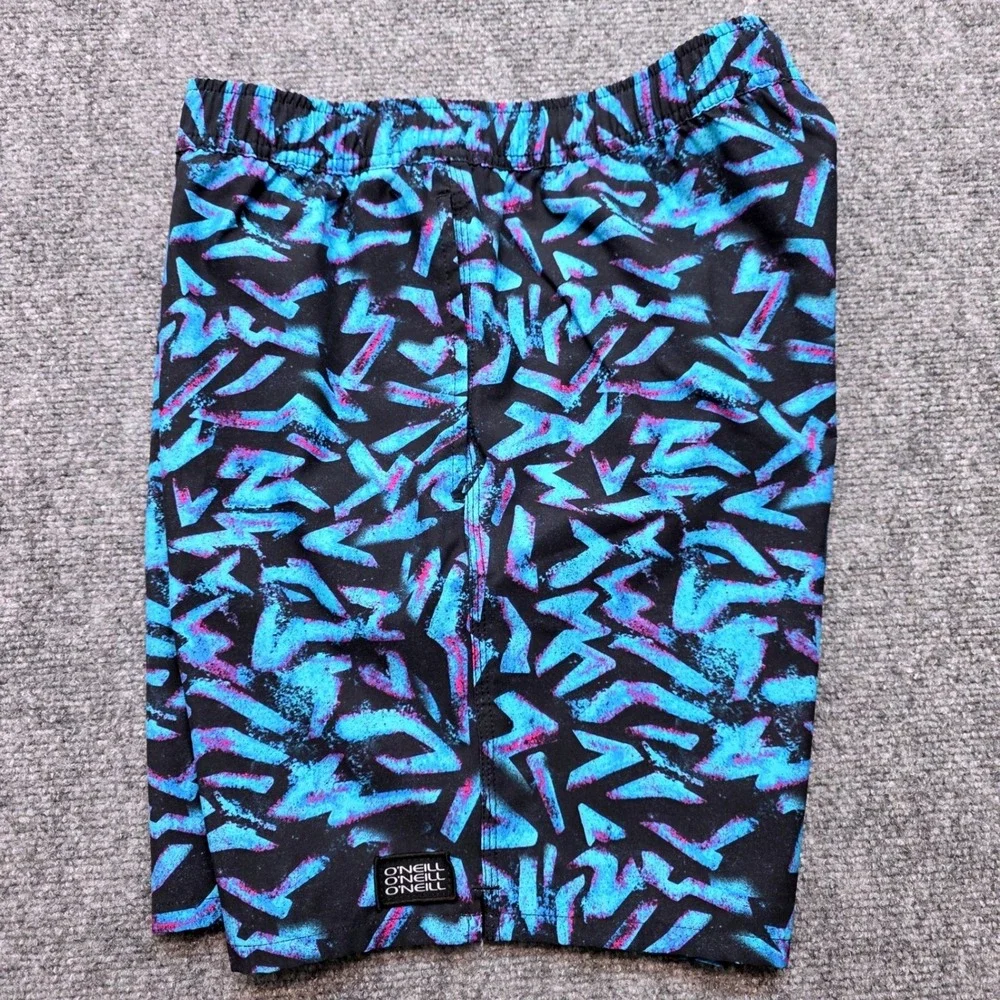 ONeill Men's Medium Blue Black Geometric Lightning Bolt Swim Trunks Board Shorts